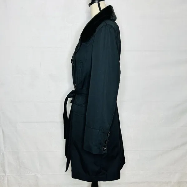 Jones New York Coat Size Large Black Faux Fur Removeable Collar Belted Trench - Image 6