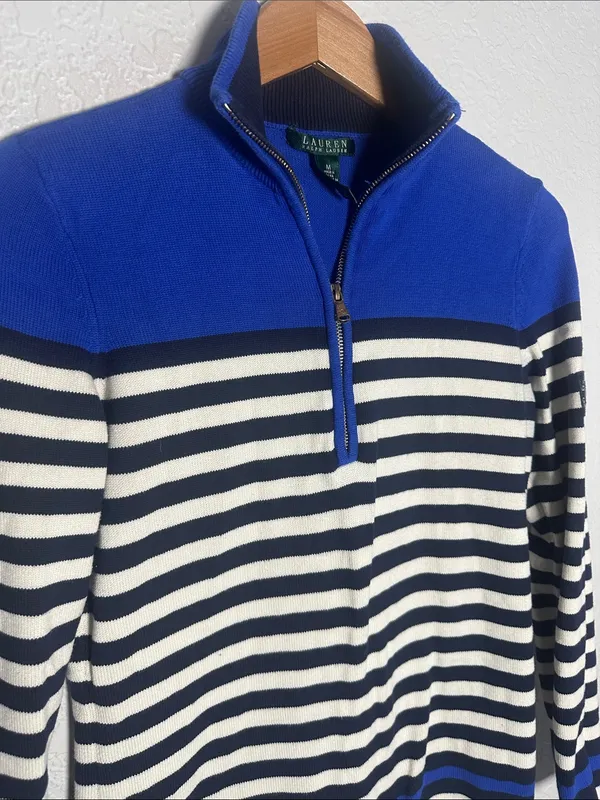 Ralph Lauren Blue Striped Half Zip Sweater Crest Logo Preppy Nautical Medium - Image 2