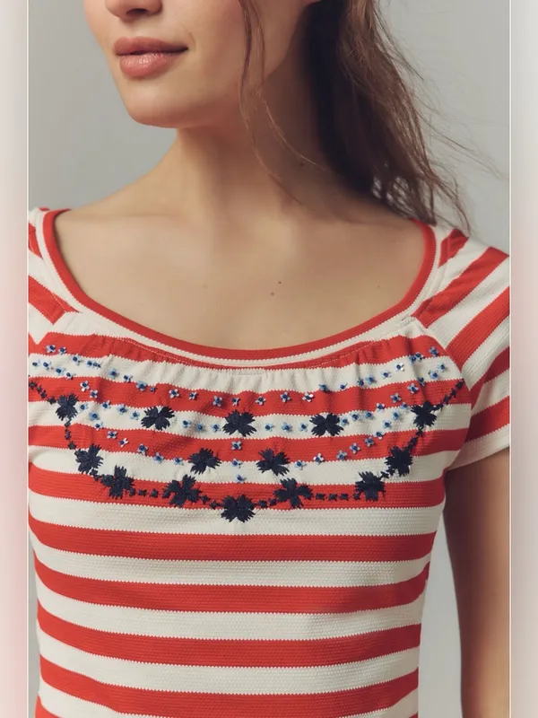 Anthropologie Maeve Embroidered Flowers Scoop Neck Tee XS NWT‎ - Image 4