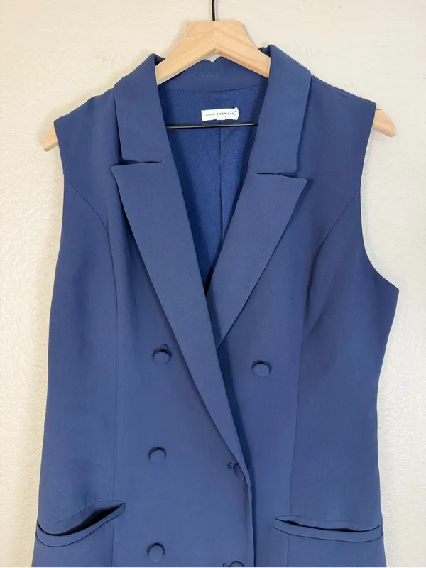 New Good American Luxe Suiting Sleeveless Blazer Dress Navy Blue Rinse Size 3 L - Image 7