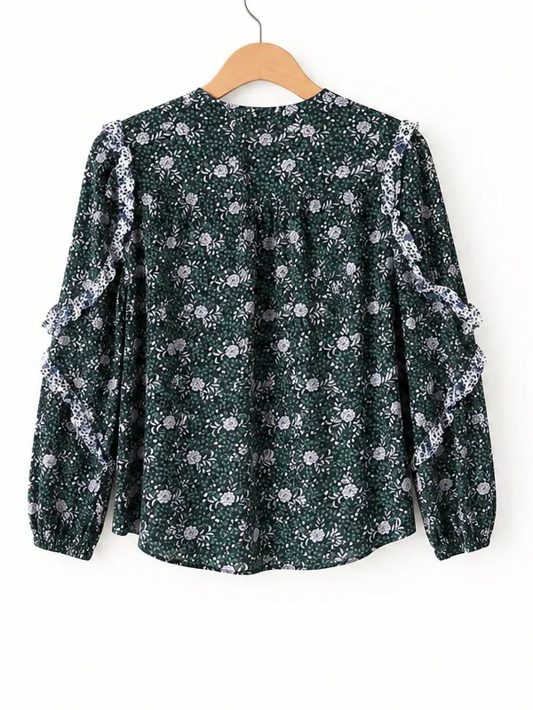 J.Crew Green Ditzy Floral Ruffle Trim Button Front Yolk Long Sleeve Blouse Small - Image 5