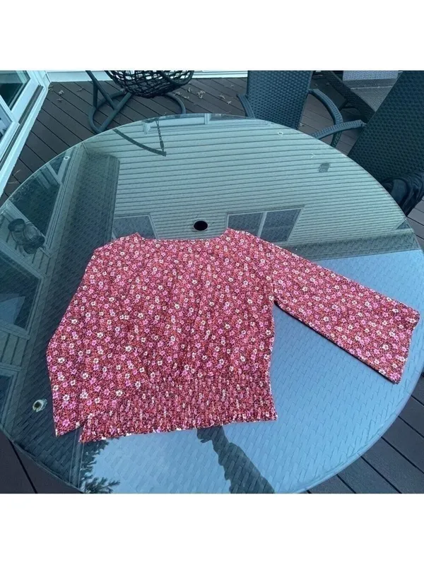 Ann TAYLOR FLORAL BELL SLEEVE SMOCKED WAIST TOP IN RIPE PERSIMMON SZ L - Image 7