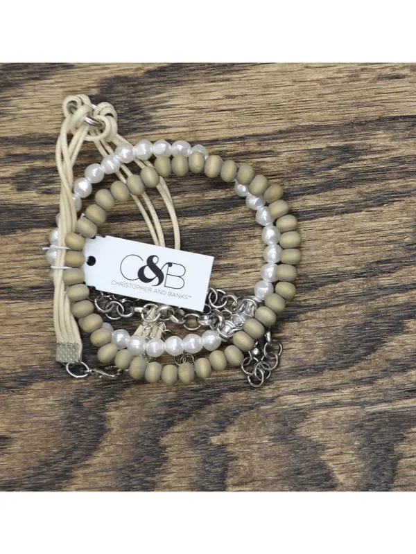 NWT Christopher & Banks Bead Cord Chain Bracelets Tan Brown / White 7" + 3" - Image 2