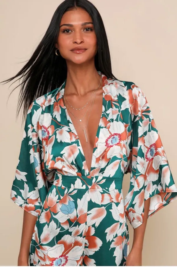 Lulu’s Teal Floral Print Bell Sleeve Wide-Leg Jumpsuit - Image 2