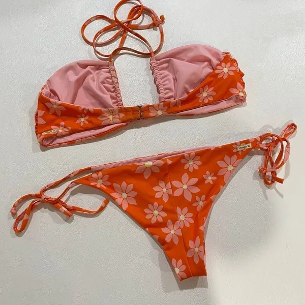 Wrangler Floral Bikini Set Orange Pink Daisy Tie Side Swimwear Estimated XS/S - Image 3