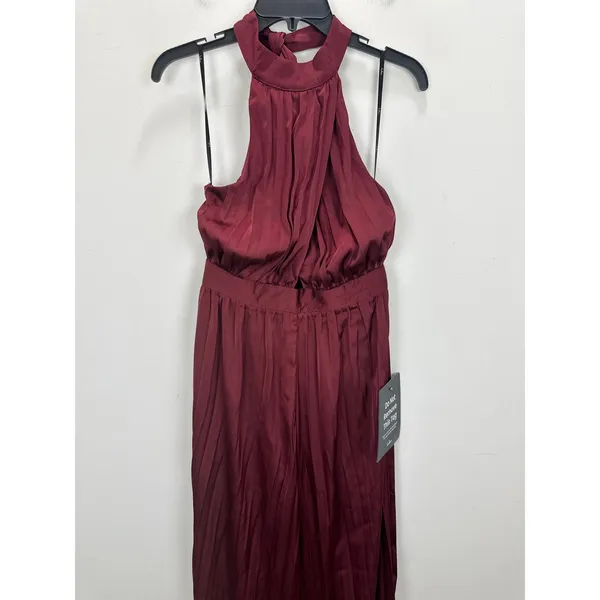 Lulus Confident Impression Burgundy Satin Pleated Halter Jumpsuit Small NWT - Image 6