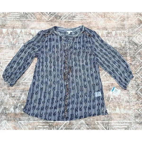 Charter Club Sheer Beaded Tassel Tunic Top XL Coastal Cowgirl Boho Navy White - Image 11