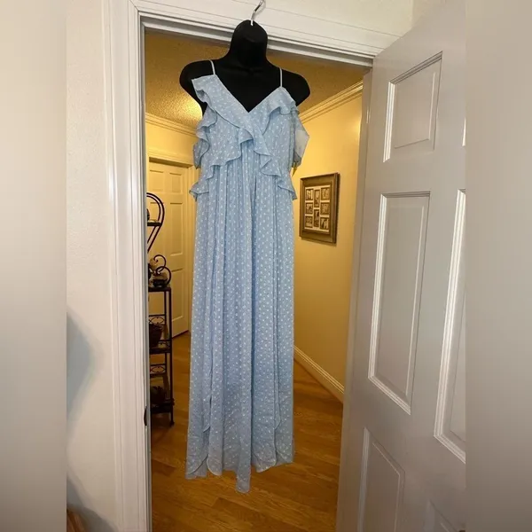 CHELSEA 28 Light Blue Ruffle Neck Spaghetti Strap MIDI Dress size Medium EUC - Image 3