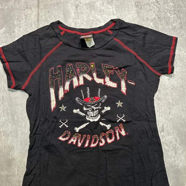 Harley Davidson Y2k Skull Graphic Black & Red Shirt - Image 2