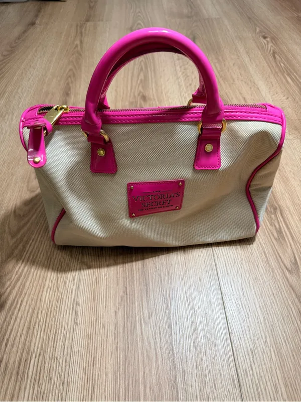 Victorias Secret Beige Canvas Satchel Bag Hot Pink Patent Trim Gold Hardware - Image 2