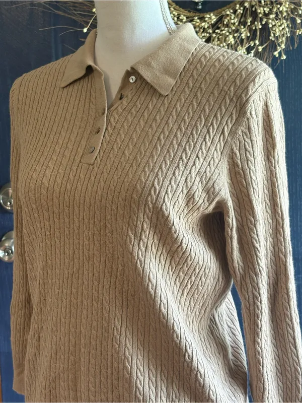 Brooks Brothers 346 Silk Cashmere Cable Knit Polo Sweater Tan M - Image 2