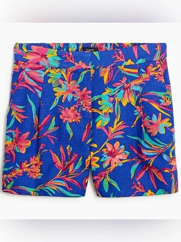 J. Crew Blue Painterly Bloom Linen-Blend High Waist Pleated Shorts size 12 - Image 2