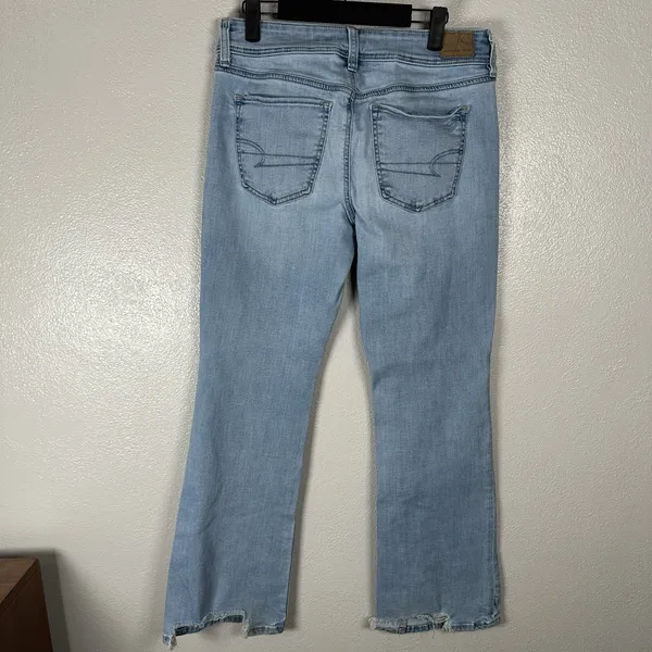 American Eagle Kick Boot Flare‎ Stretch Jeans Womens 8Short Light Wash Fray Hem - Image 3