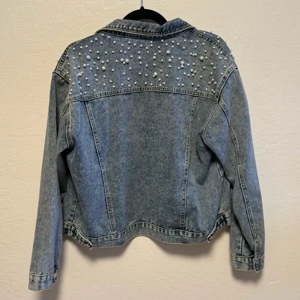 Pearl Studded Denim Jacket Blue Size L - Image 7