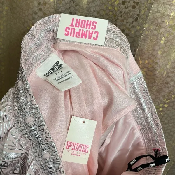 PINK Victorias Secret Silver Pink Sequin Bling Campus Running Shorts, S NWT - Image 6