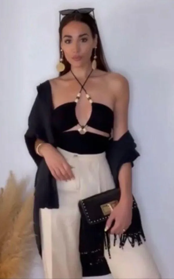 ZARA Black Ribbed Cut Out Crop Top With Beads - Image 3