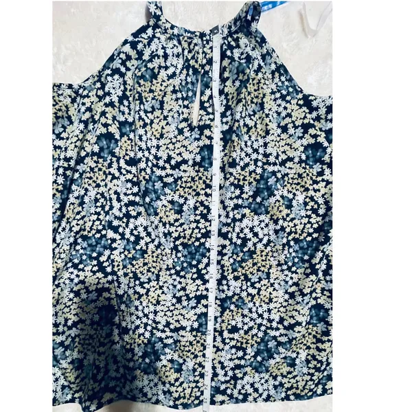 Michael Kors‎ Floral Cold Shoulder Chain Halter Neck Blouse Navy Blue Cream L - Image 7