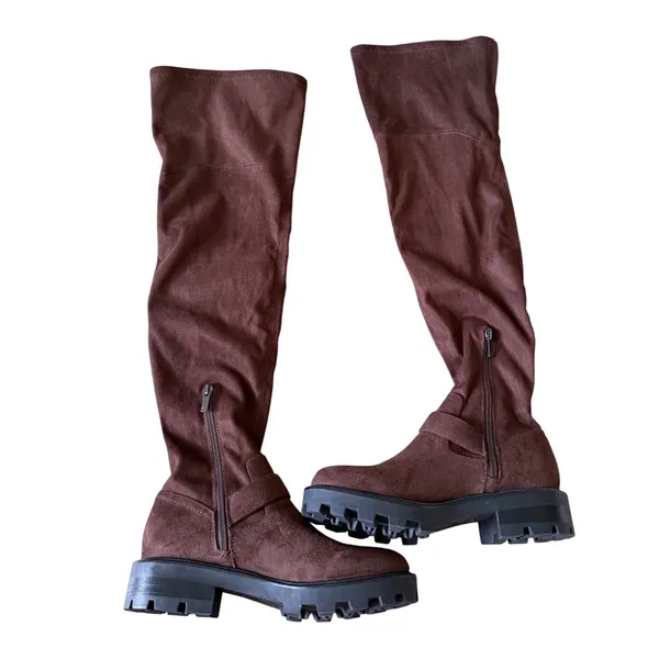 Marc Fisher LTD Ganven Brown Faux Leather Over The Knee Lug Sole Buckle Boots 7M - Image 3