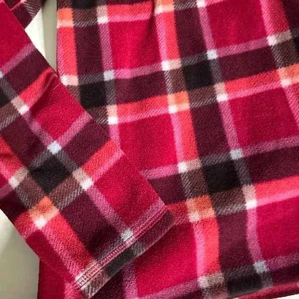 Eddie Bauer Pink/Orange Plaid Quarter Zip Fleece Pullover Sweatshirt - Image 7
