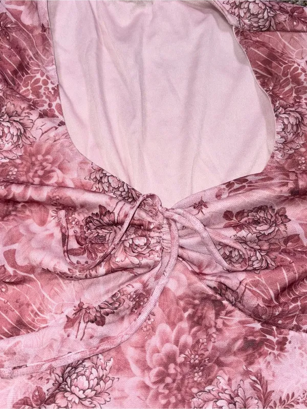 Y2K Pink Floral Mesh Long Sleeve Top Medium M tie Crop - Image 7