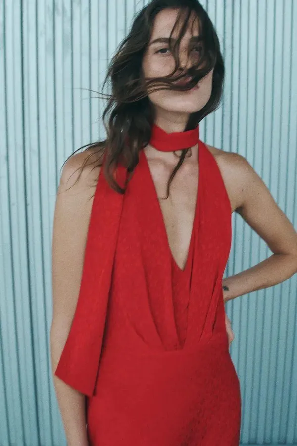 Zara midi dress Elegant Red Halter prom wedding cocktail party satin - Image 10