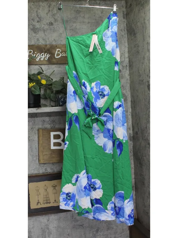 NWT Aqua Womens One Shoulder Satin Maxi Dress STD14776BL Green / Blue M - Image 2