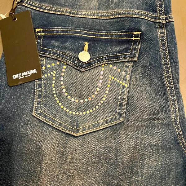 True Religion Blue Jeans with Vintage Wash and Horseshoe Stitching - Image 2