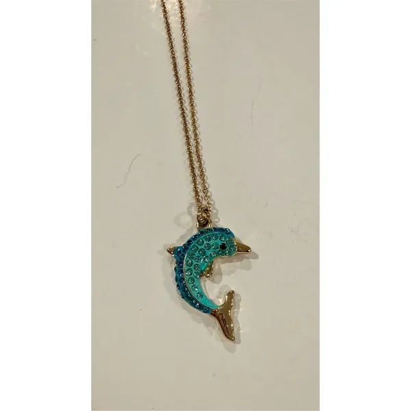 Betsey Johnson Necklace Gold Blue Crystal Dolphin Pendant cute nautical gift - Image 2