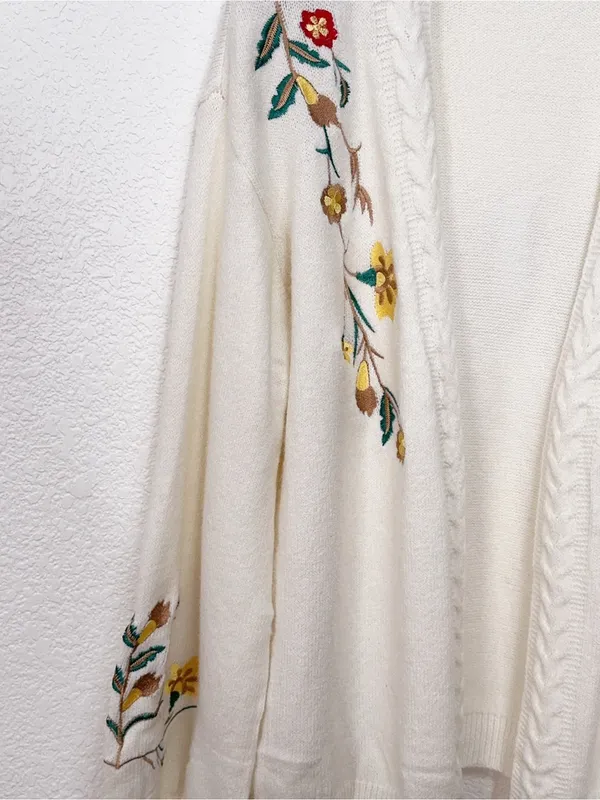 Miss Sparkling Ivory Floral Embroidered Open Front Cardigan Cable Knit Sweater - Image 3
