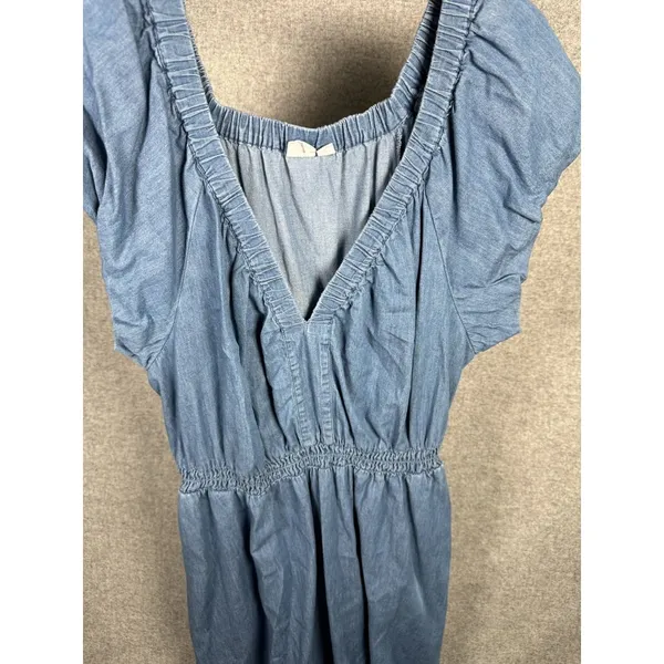 GAP Large Womens Dress Puff Sleeve Denim Midi‎ V-Neck 100% Cotton Medium Wash - Image 12