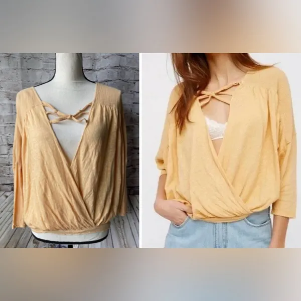 Free People Womens Shirt Sz S‎ Double Knot Peach Crop Top 3/4 Sleeve Open Front - Image 2