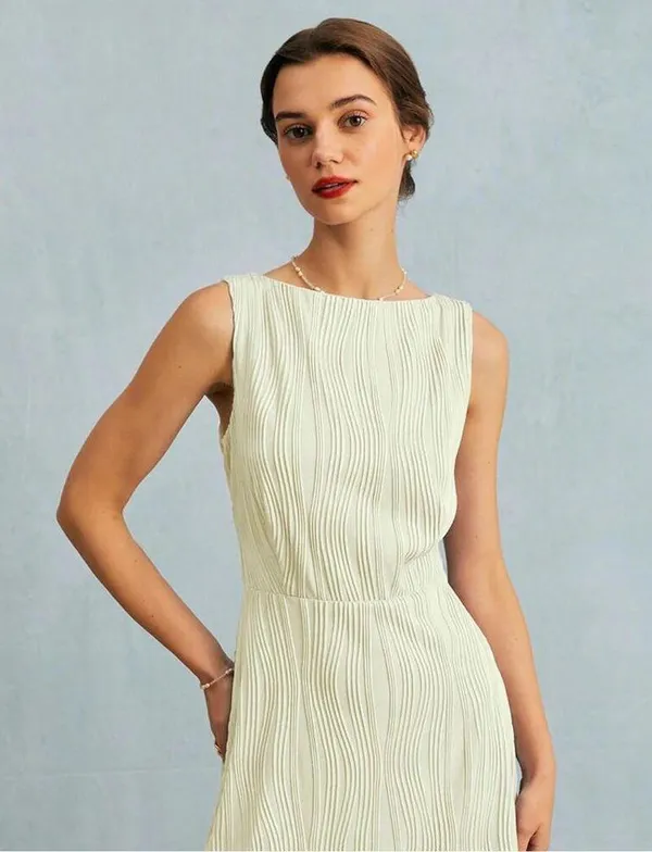 RIHOAS The Beige Water Ripple Textured Sleeveless Mini Dress L - Image 3