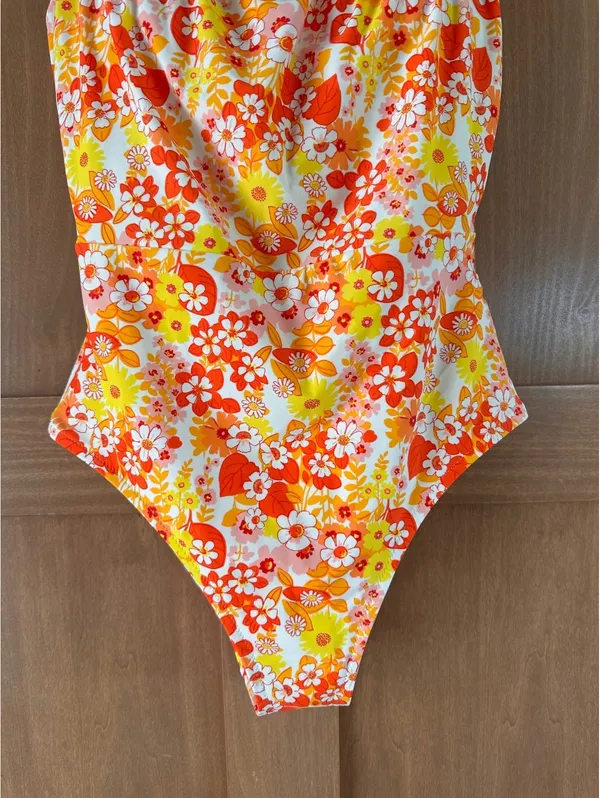 Aerie Tropical Print One Piece Bandeau Swimsuit Retro Floral Women’s Small - Image 2
