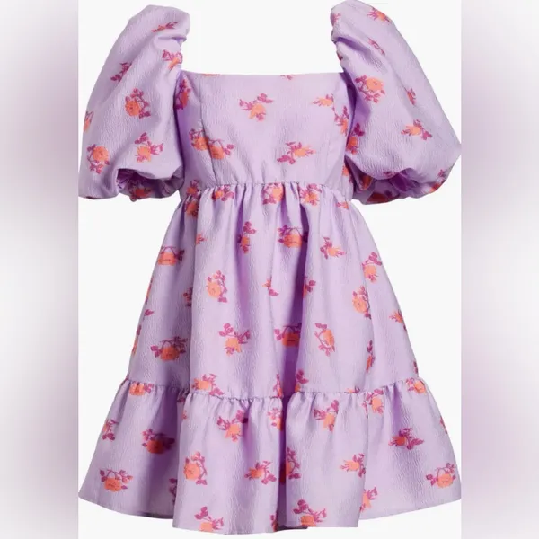 Chelsea28 Brocade‎ Puff Sleeve Babydoll Dress in Purple Lupine Floral Size XL - Image 5