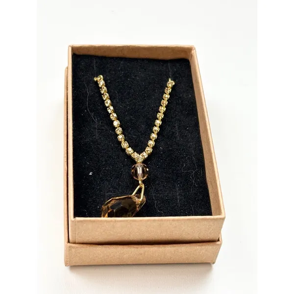 Gold Rhinestone Necklace With Amber Crystal Drop Pendant - Image 3