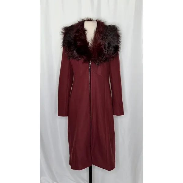 WHBM Burgundy Long Coat Removable Faux Fur Collar White House Black Market XS - Image 2