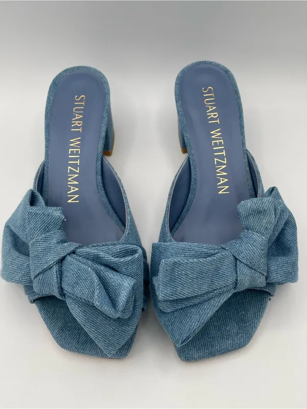 STUART WEITZMAN Love Knot Denim Wash Bow Slide Sandals 50 Block Heel Size 7 - Image 3