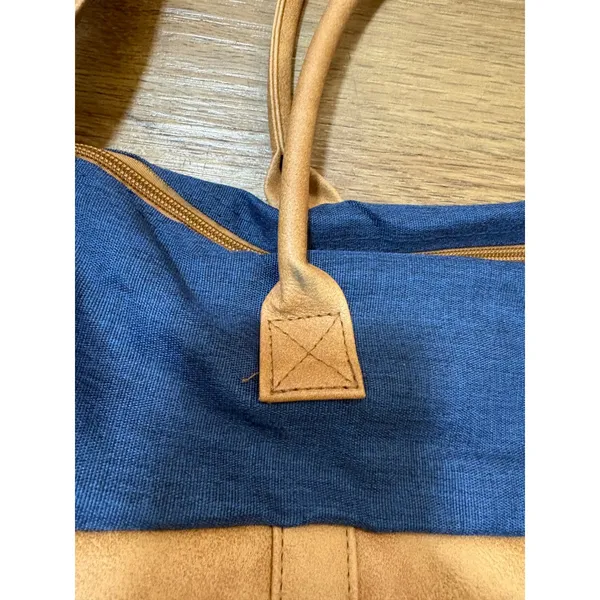 Blue Canvas Tote Bag with Tan Faux Leather Accents and Crossbody Strap - Image 3