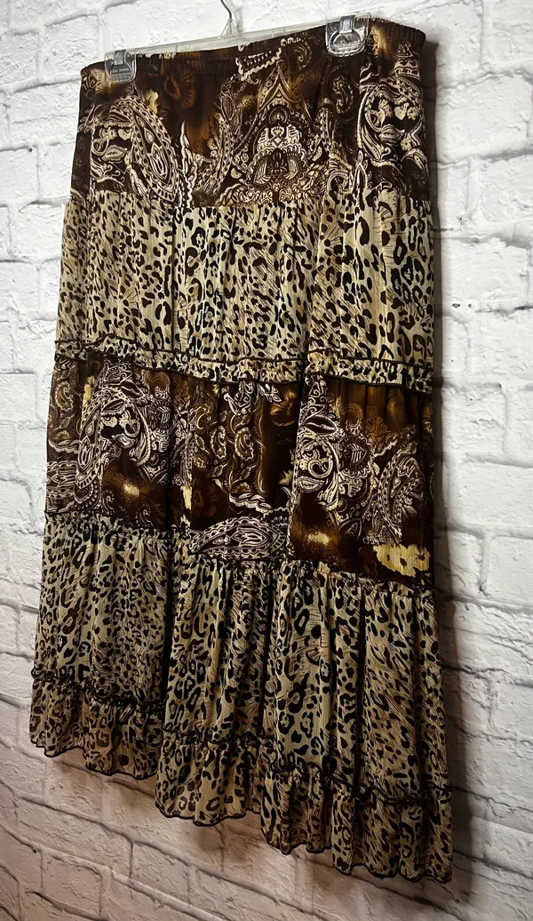Notations Animal Print Elastic Waist Mid Length Brown Tiered Skirt Size L - Image 2