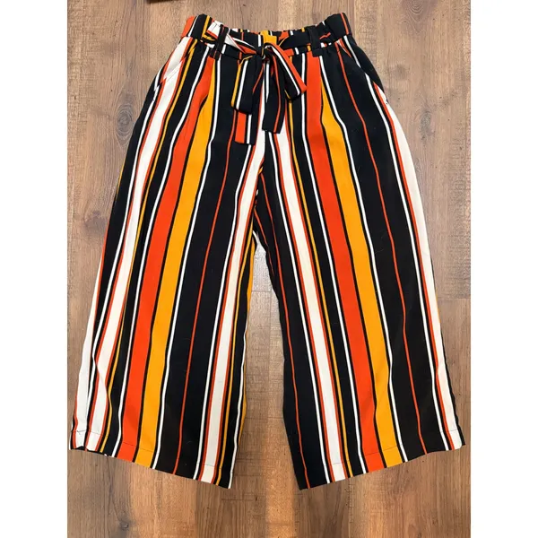 Zara Trafaluc Striped Wide Leg Culotte Pants Orange Black Yellow Size Medium - Image 3
