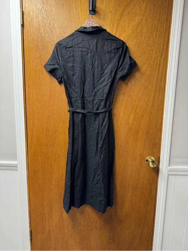Quince 100% European Linen Button Front Short Sleeve Tie Midi Dress Black Small - Image 13