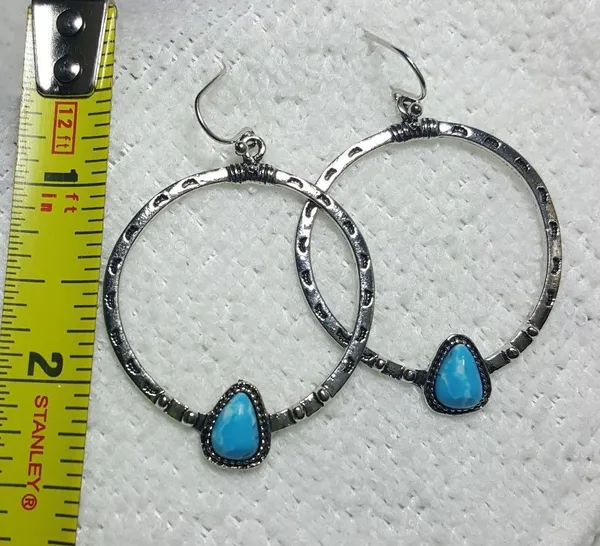 Silver Plated Turquoise Hoop Earrings - Image 2