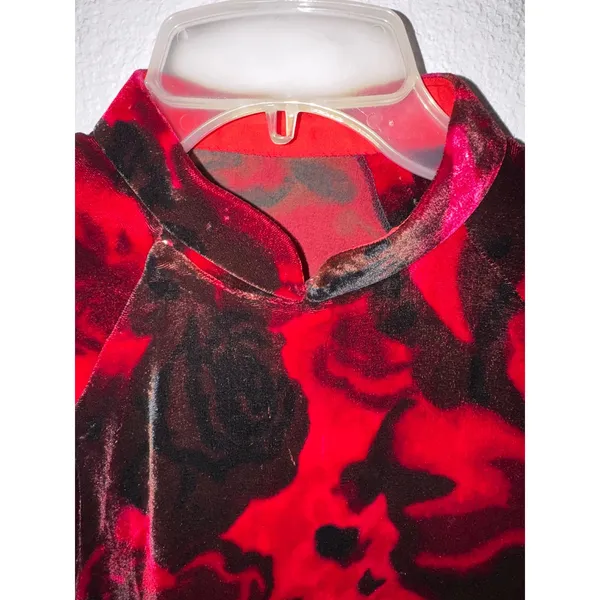 Red Black Floral Velvet Qipao Mandarin Collar Midi Dress Long Sleeve One Size - Image 3