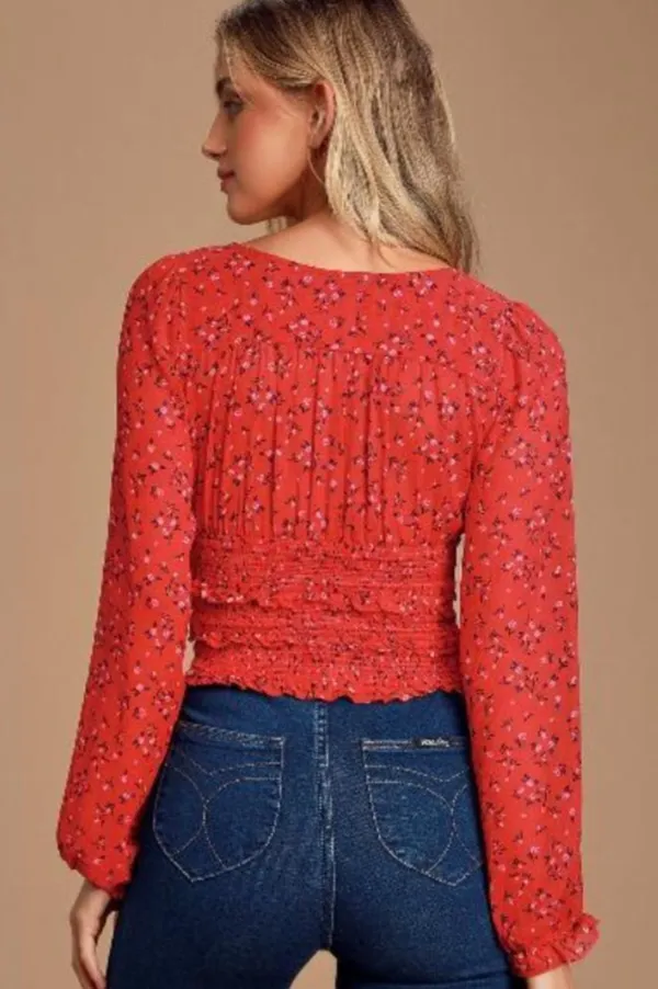 Free People NWOT Lolita Red Floral Ruffled Crop Top - Image 2