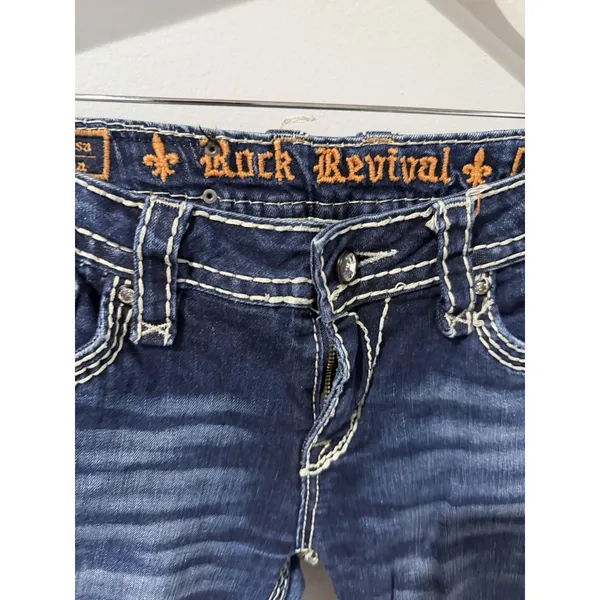 Rock Revival Kai Straight Jeans Dark Blue Denim Embroidered Flap Pockets Size 29 - Image 2