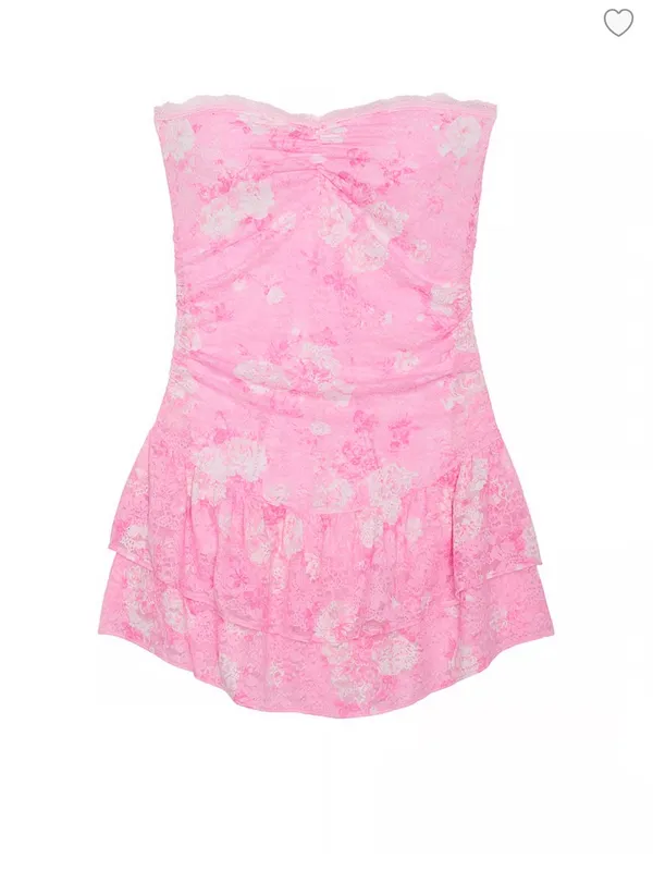 Strapless Pink Floral Ruched Ruffle Mini Dress in Everblooming Pink - Image 4