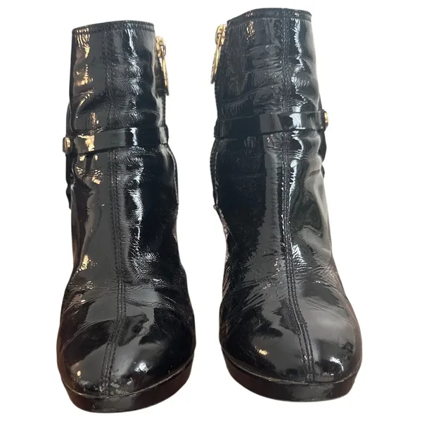 Tory Burch Whitney Booties Black Patent Leather Logo Platform Size 8 - Image 3