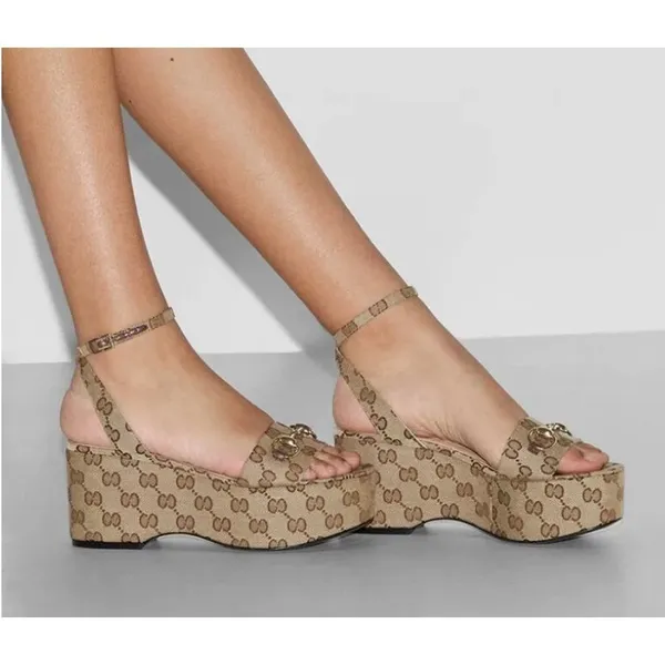 Gucci Lady Horsebit GG Supreme Canvas Platform Sandals Beige 37.5 Box Dust Bags - Image 6