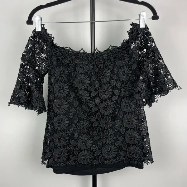 Reformation Black Misty Floral Embroidered‎ Lace Off the Shoulder Blouse - Image 6