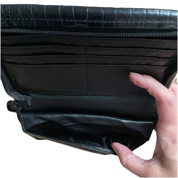 BRIGHTON Zip Around Glossy Black Croc‎ Leather Clutch Wallet - Image 11